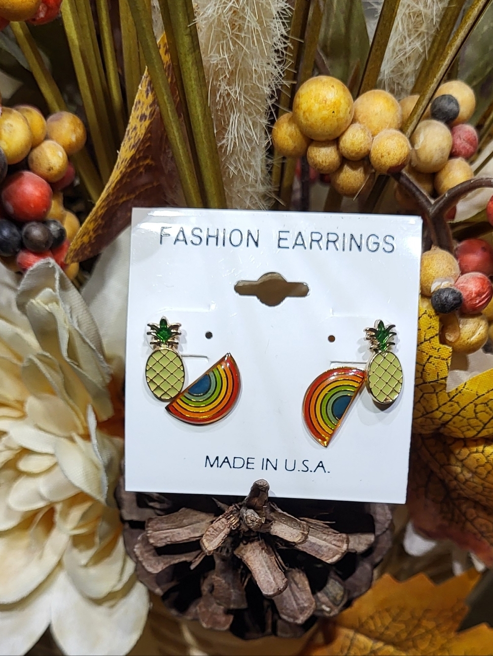 Fashion 2 Pack NWT Pineapple & Rainbow Enamel Gold-Tone Stud Earrings Set 🐈